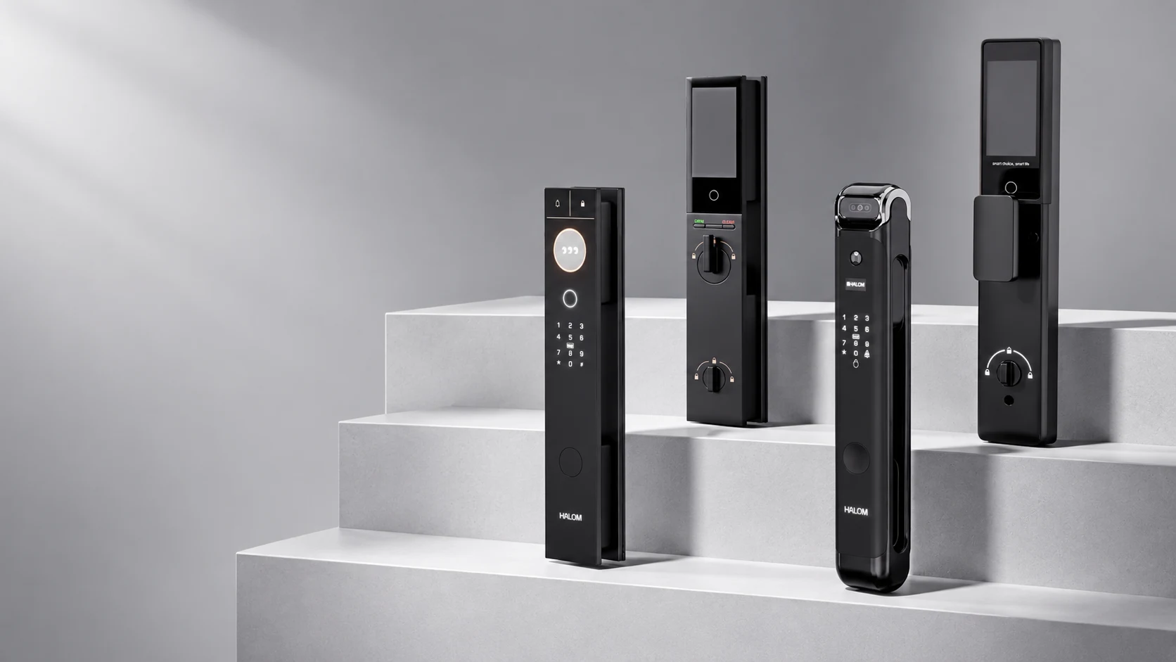 HALOM smart locks on staggered stone plinths