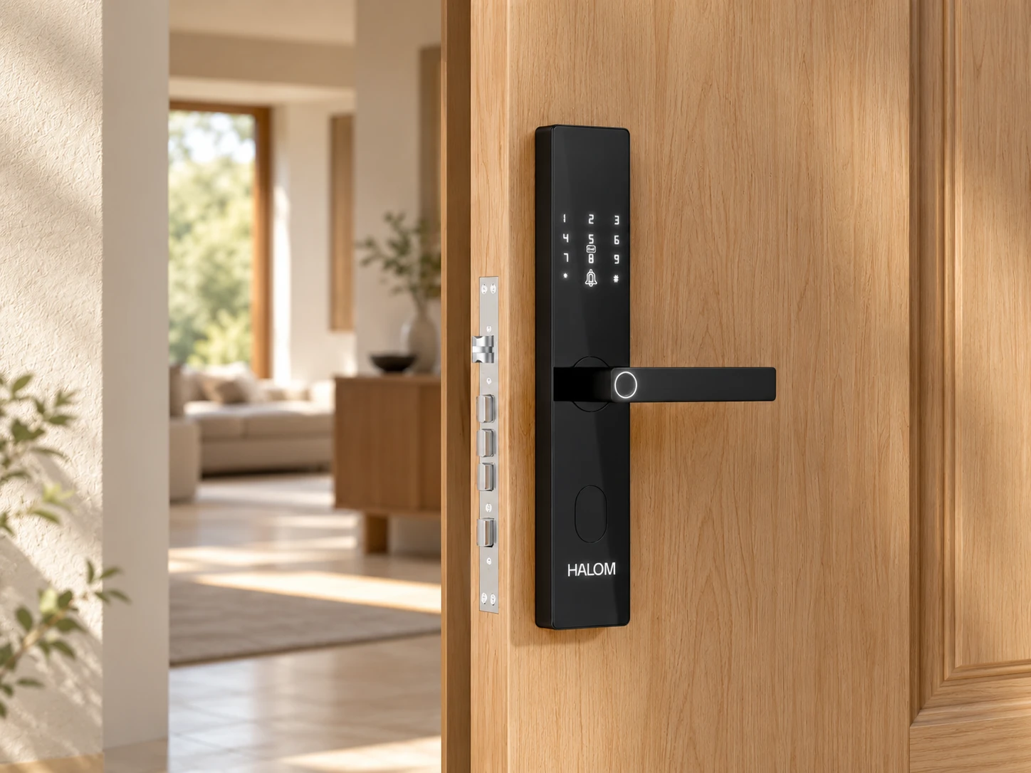 HALOM Mira Plus on an oak entrance door